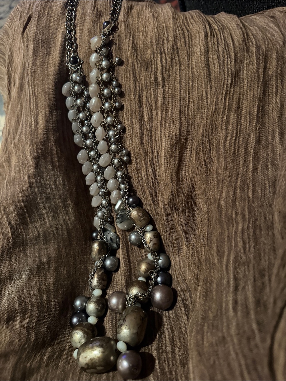 Chico's Layered Pearl and Stone Necklace in Cream, Gold and Gray